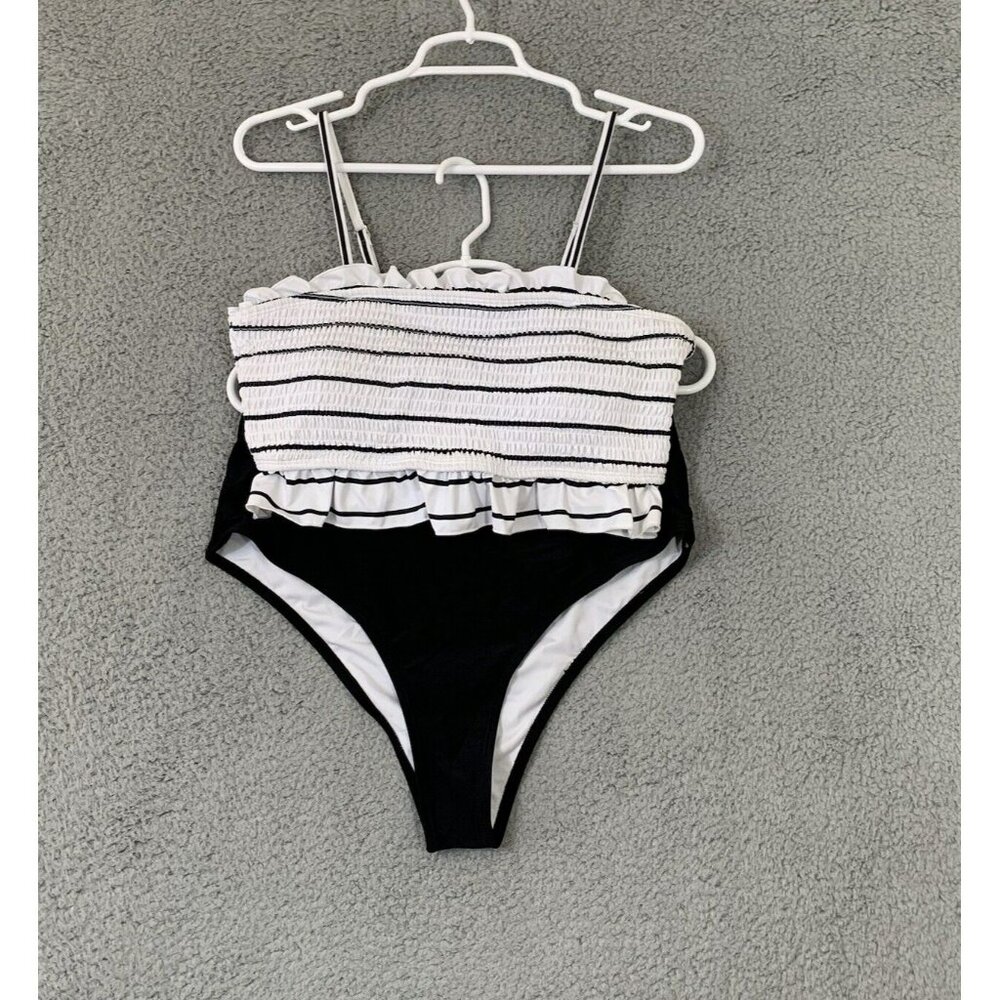 Women's Bandeau Ruffle Bikini Set High Waisted Striped Swimwear Multicolor XL